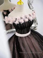 Black Tulle & Pink Flowers Sparkle Semi Formal Prom Dress
